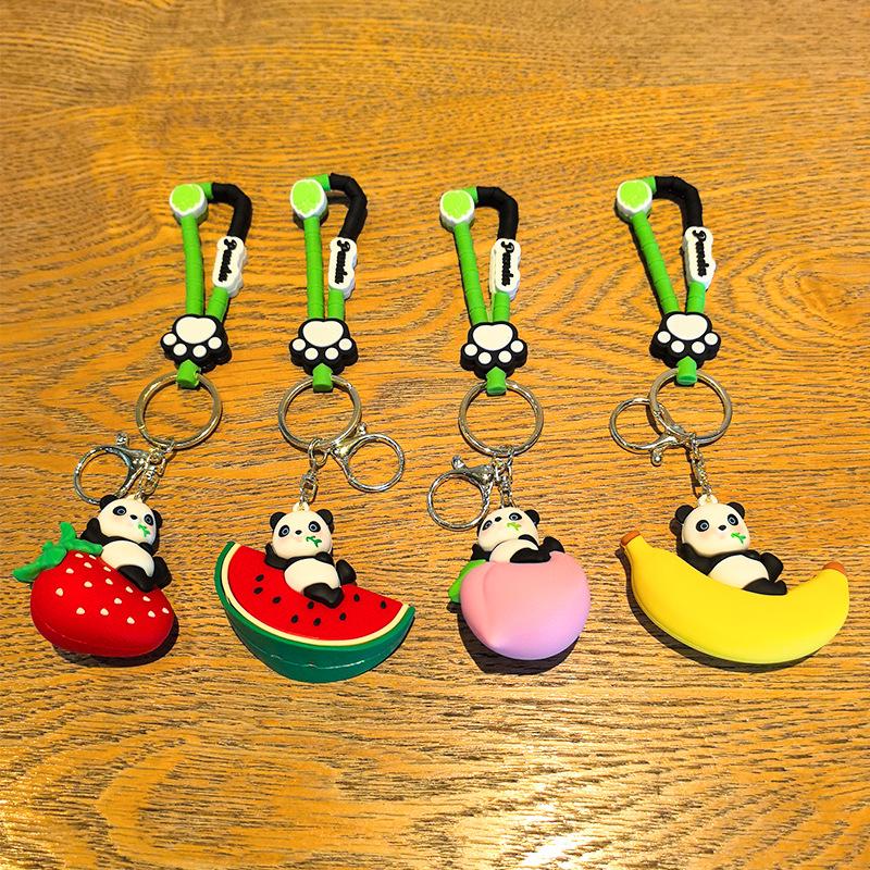 Fruit Panda Keychain Banana Strawberry Peach Watermelon Cute Cartoon Couple Doll Machine Student Gift Y2k Fashion Toys Anime