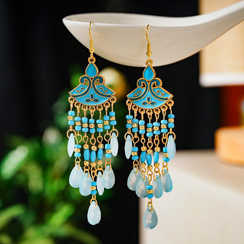 Bohemian Multicolor Rice Bead Water Drop Earrings for Women Temperament Long Enamel Fan-Shaped Earring Vacation Party Jewelry светло-синий