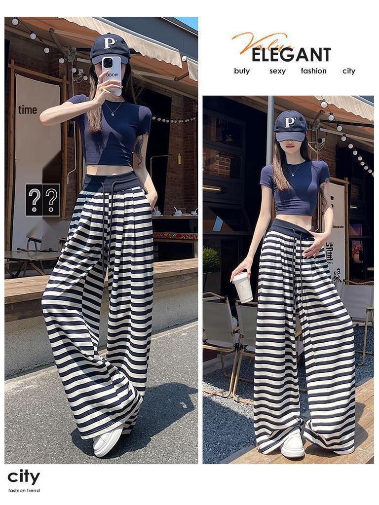 2026 Summer Women's Striped Floor-Length High Waist Loose Wide-Leg Pants