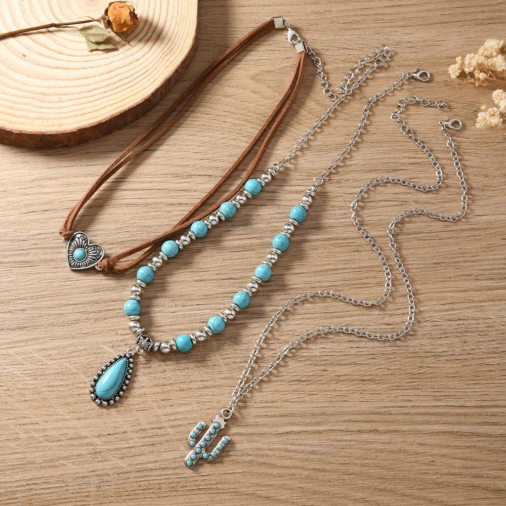 Sweet and Cool Jewelry Retro Imitation Turquoise Summer Collarbone Chain Beaded Necklace Set Ethnic Style Multi-item Jewelry