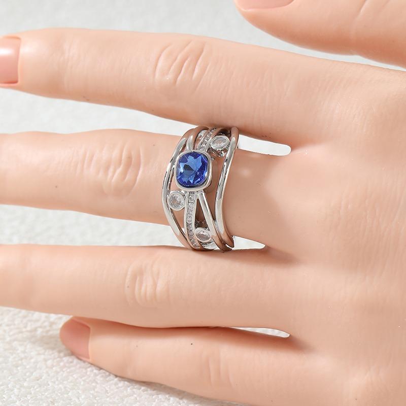 Vintage Inlaid Blue CZ Women's Ring Dazzling CopperColor Geometry Daily Wear Party Jewelry Anniversary Gift