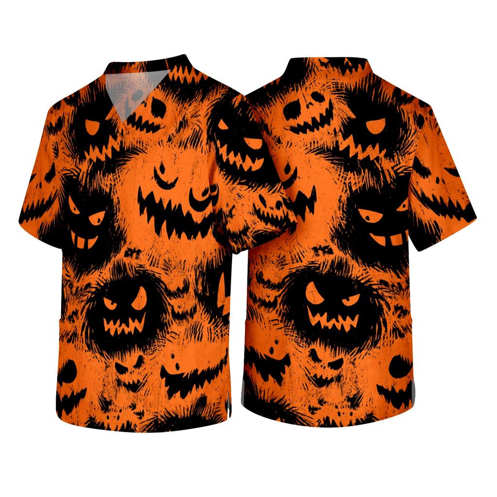 Men Short Sleeve V Neck Halloween Print Chest Pocket Scrub Top Comfortable Fit Durable Material Fun Design