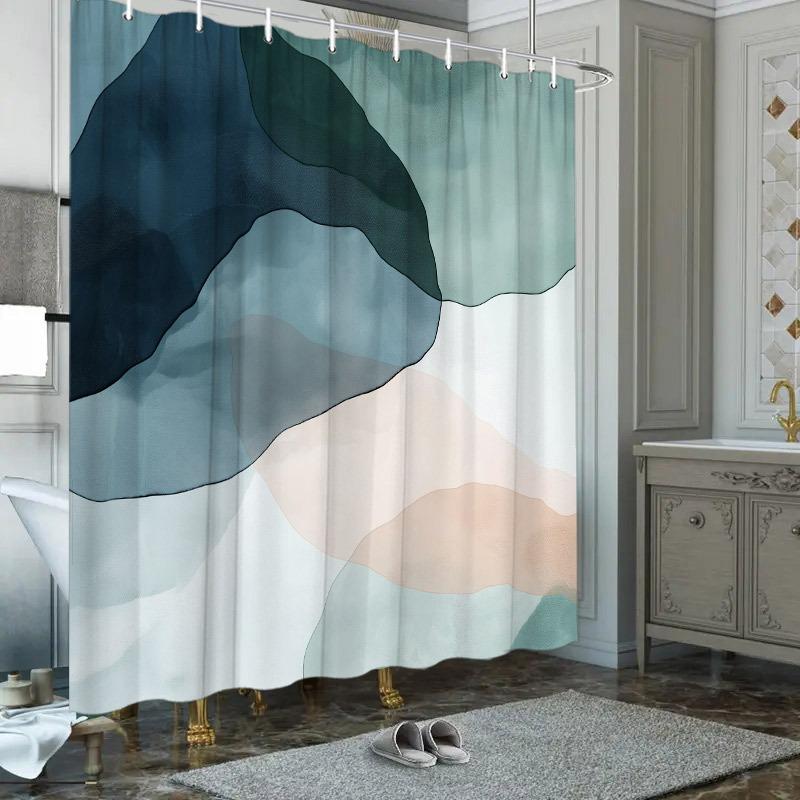 "1pc Abstract Blue Green Shower Curtain - Overlapping Layers, Fluid Shapes, Soft Watercolor, Serene & Ethereal