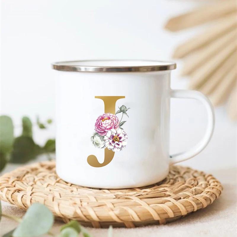 Letter Floral Print Vintage Enamel Mugs Creative Coffee Tea Cup Drink Dessert Milk Cups Handle Drinkware Wedding Bridesmaid Gift