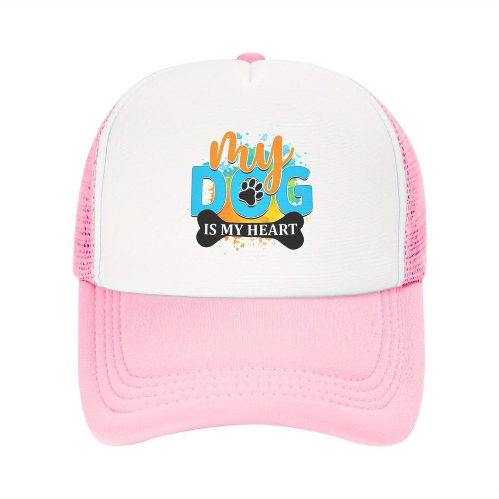 My Dog Is My Heart Paw Print Graphic Trucker Hat Polyester Breathable Casual Baseball Cap for Adults