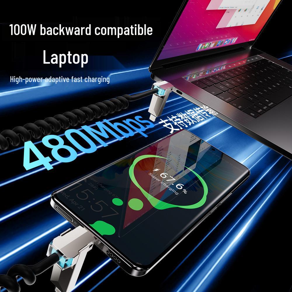 240W Cyber Spring 4-in-1 Retractable Data Cable for Apple & Huawei iPhone 16