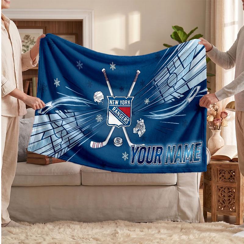 New York Rangers Flannel Blanket, Custom Name Text Personalized Soft Throw Blanket Home Decor Gift