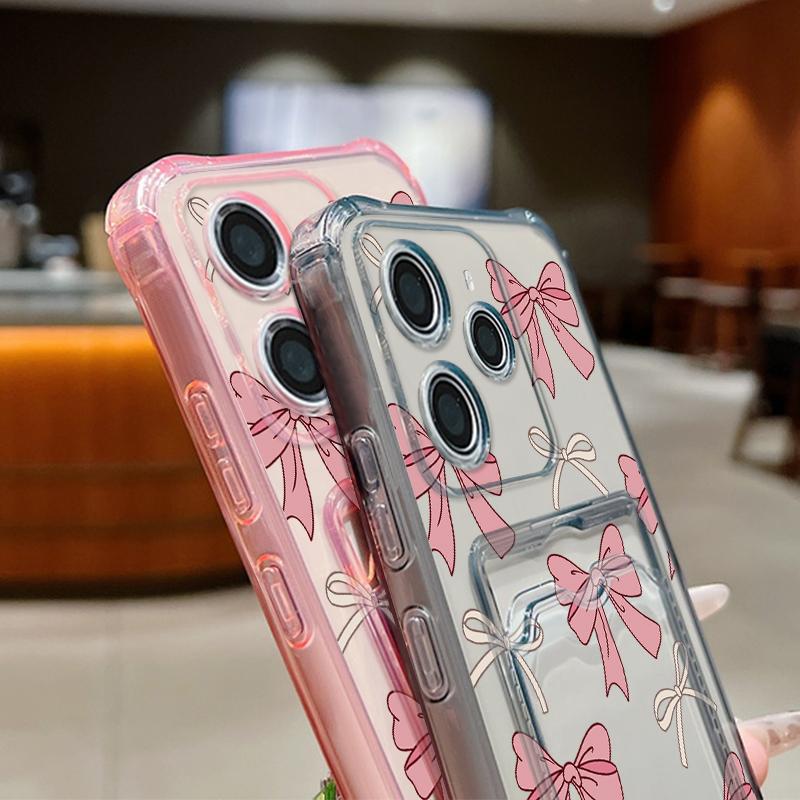 Slot Pocket TPU Case For Redmi Note 13 14 12 11 Pro 5G 4G 11s Poco X6 X5 F6 Pro 13T 14T Pro Case Shockproof Bow Tie Pattern Soft TPU Clear Phone Cover
