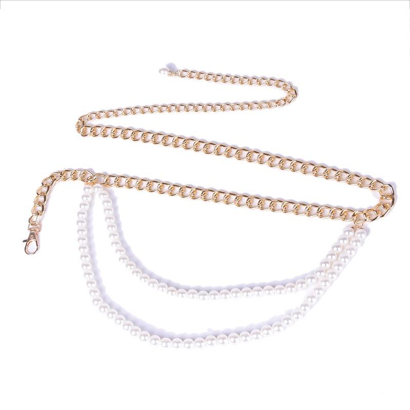 Meier Metal Chain Pearl Tassel Decorated Thin Waist Chain Fashioneasiest for Match Jewelry Belt