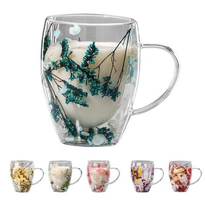 Dried Flower Double Walled Glass Mug 350ml Coffee Mug with Dry Flowers Decorative and Creative Flower Mug Double Wall Flower Cup