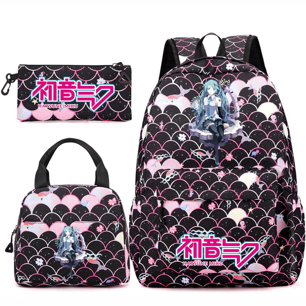 3 Stück/Set Anime Cartoon Hatsune Miku Bedruckter Rucksack Handtasche Federmäppchen für Teenager Schüler Mädchen Jungen Große Kapazität Wasserdicht Schultasche Reisetasche