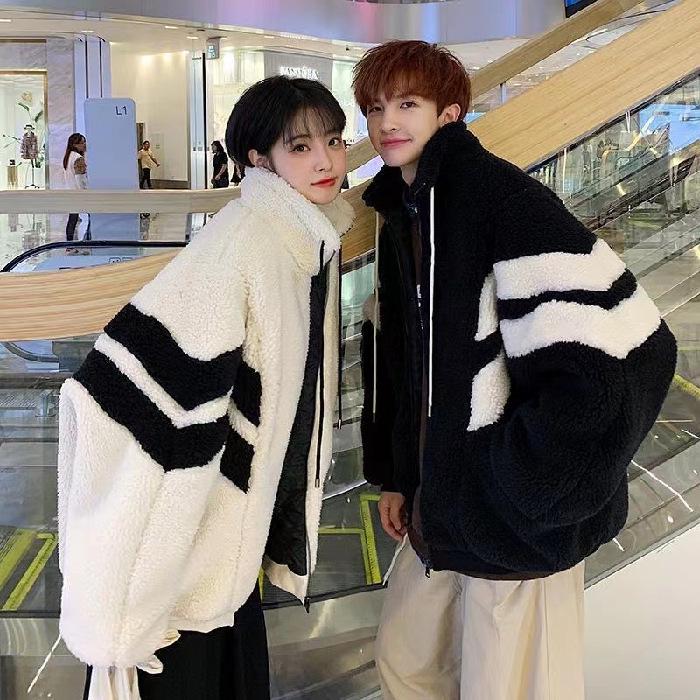 

Толстовка с высоким воротником для пары: Свободная флисовая куртка из овечьей шерсти в корейском стиле для мужской осени/зимы. Extra Large