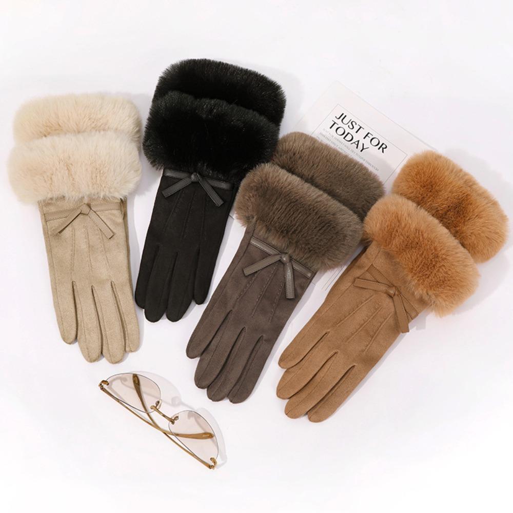 Soft Winter Suede Gloves Bow Women Cycling Mittens All-Match Pu Leather Gloves  Outdoor