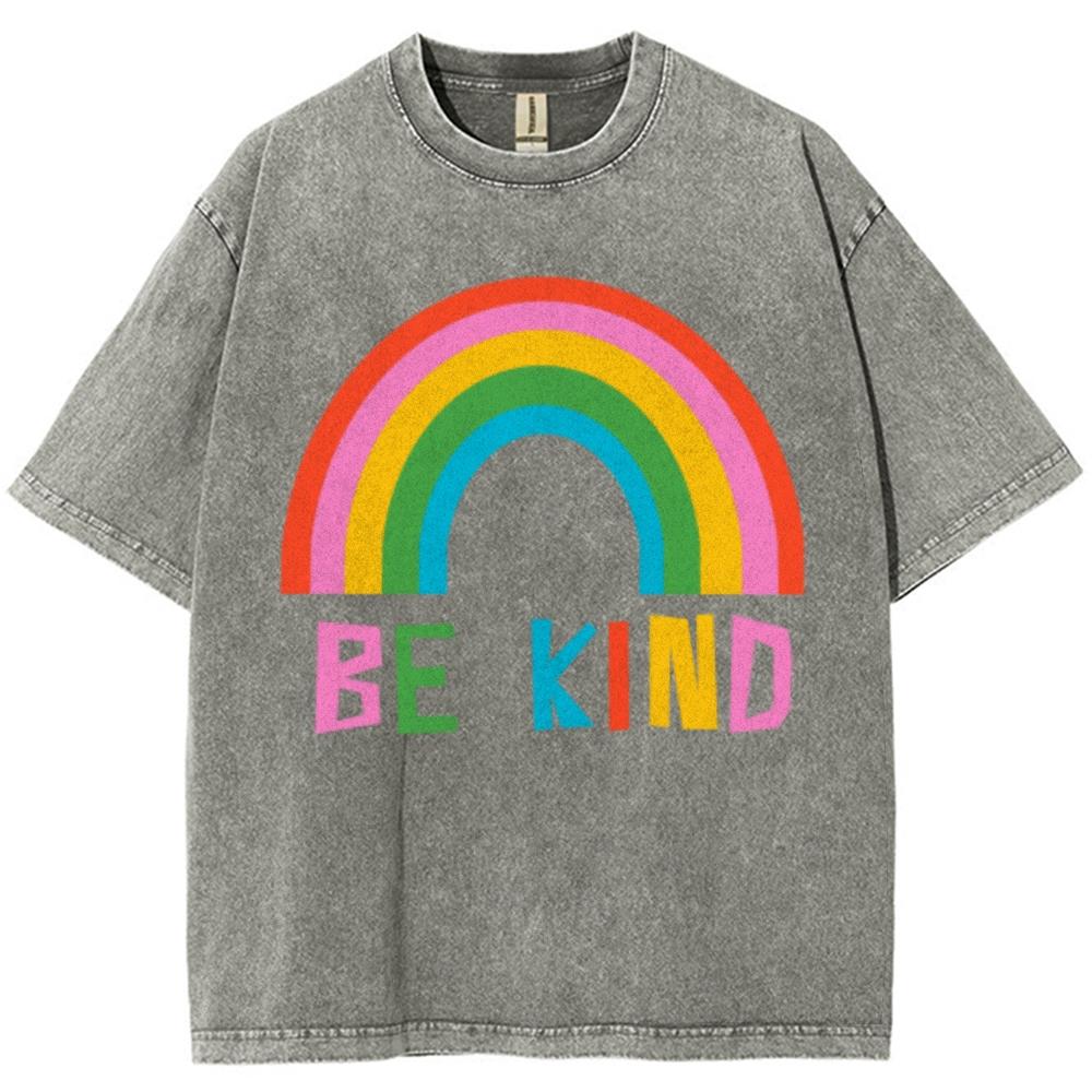 Be Kind Rainbow Print Women's T-Shirt Oversized Loose Wash Short Sleeve Unisex Fashion Design Casual Niche Top