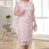 Rochie Midi cu Mânecă Scurtă cu Guler Rotund, Strânsă pe Talie, cu Falduri pe Șolduri, Broderie Florală din Dantelă Cusută