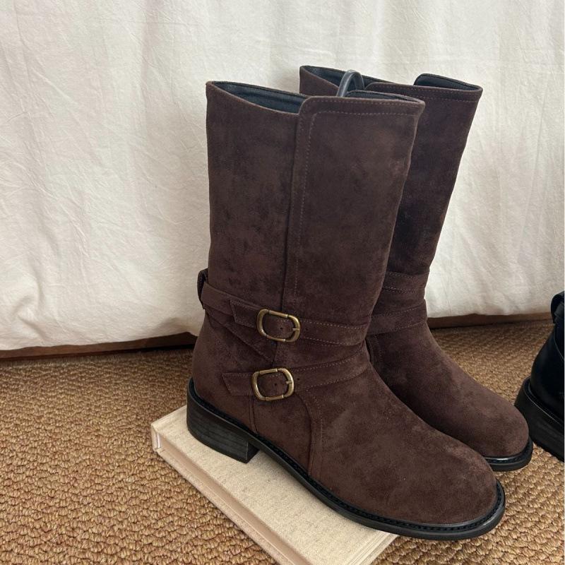 

2025 autumn and winter new fashionable versatile Korean fashionable design belt buckle soft leather medium boots women s retro style coffee 39 коричневый