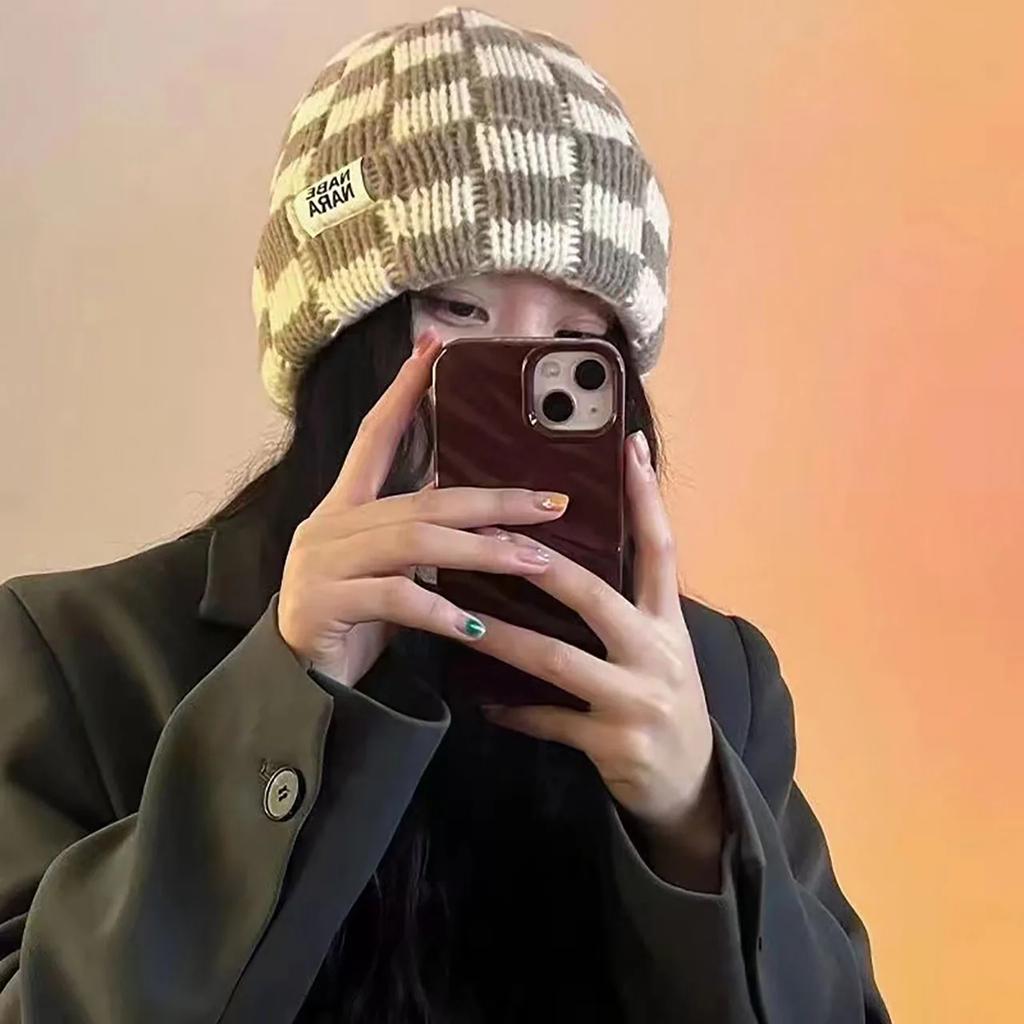 Vintage Plaid Beanie Cap for Women Autumn Winter Warm Knitted Woollen Hat Outdoor Anti-cold Skullies Caps