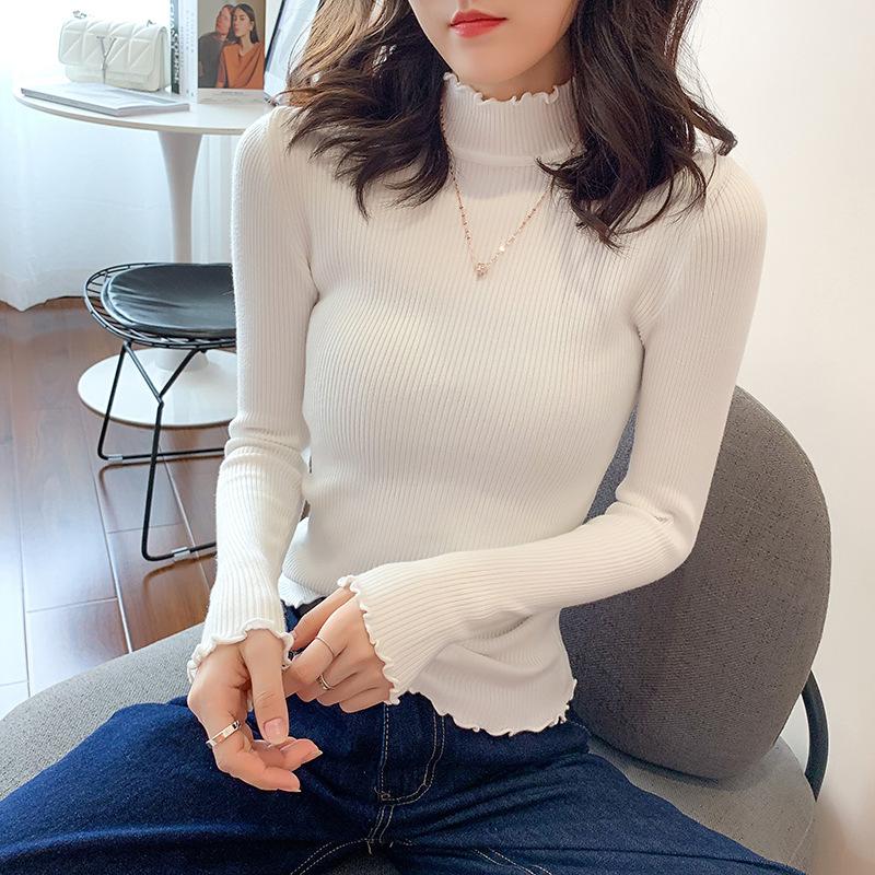 

Женский свитер Облегающий Сексуальный Вязаный Водолазка Со сборками Высокоэластичный Однотонный Модный Свитер Женские Пуловеры one size белый