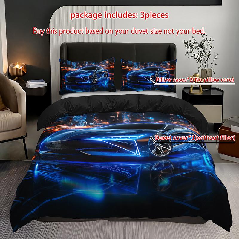 3pcs Neon City Sports Car Bedding Duvet Cover Set Racing Car Bedding Quilt Set Sports Car Themed Bed Quilt Set Luxury Car Duvet Cover Set&EU Single(135x200cm)