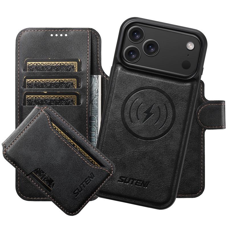 

iPhone17Pro Flip Case with Card Slot, Magnetic Wireless Charging Stand, S26U Leather iPhone 15