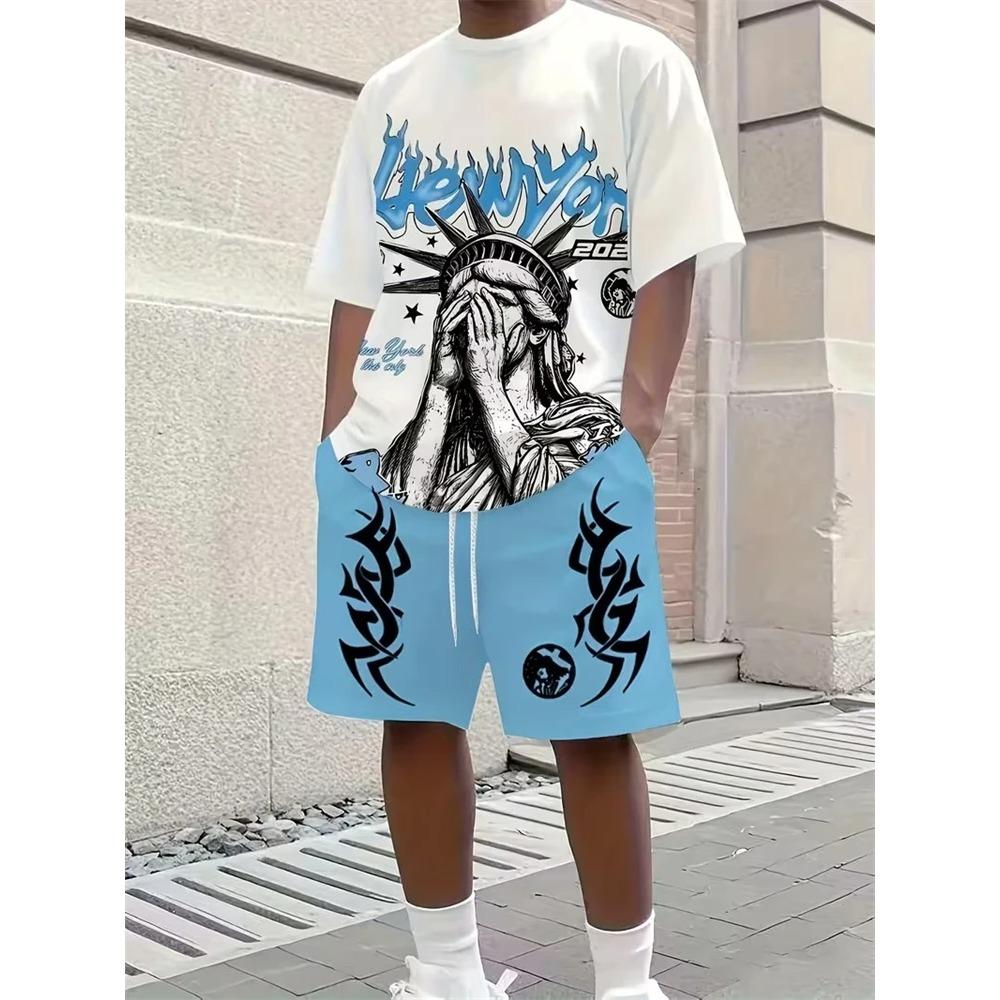 Summer Men's 3D Digital Printing Two-piece Set Street Casual Fashion Breathable Comfortable Sports Loose Large Size Sports Wear