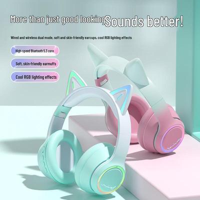 Luminous Cat Ear Bluetooth 5.3 Headphones with Card Slot for Gaming and Online Classes