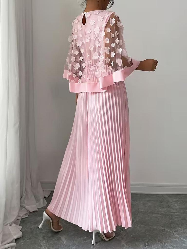 Women's Elegant 3D Floral Mesh Patchwork A-Line Dress with Pleated Skirt