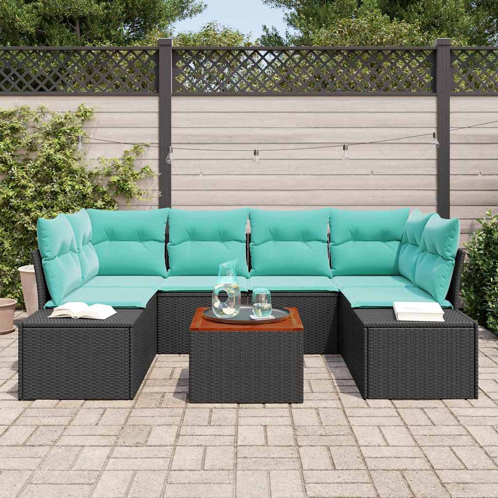 Garden Sofa Set 7 Pieces Black and Turquoise Poly Rattan