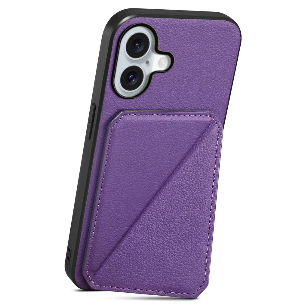 DENIOR D04 For iPhone 16 Case Dual Card Slots Leather+PC+TPU Kickstand Phone Cover