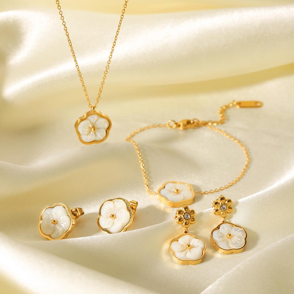 Light Luxury High-end Zircon Flower Earrings with Mother-of-Pearl Petal Pendant, Women's Necklace and Bracelet Set