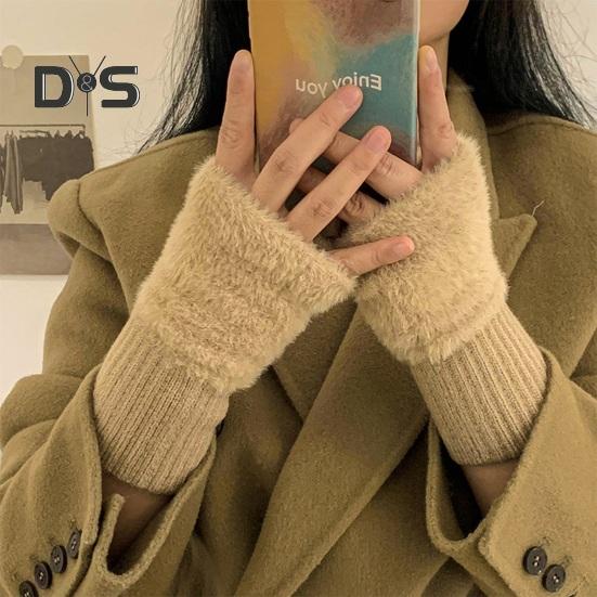 1 Pair Women Winter Gloves Half-finger Thick Plush Elastic Warm Heat Retention Non-slip Windproof Wrist Protection Cycling Riding Mittens