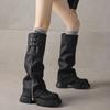 Zipper Turned-over Edge Women's Boots Autumn Round Toe Solid Mid Heeled Water Proof Korean Style Boots  Fashion Ladies Shoes