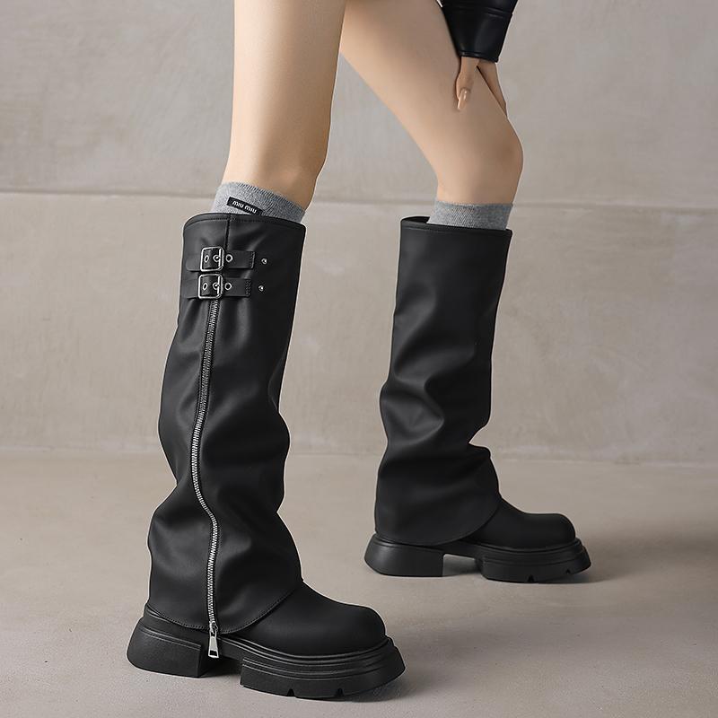 Zipper Turned-over Edge Women's Boots Autumn Round Toe Solid Mid Heeled Water Proof Korean Style Boots  Fashion Ladies Shoes