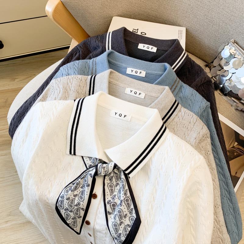 2025 Autumn/Winter Stylish Knit Cardigan with POLO Collar & Silk Scarf Bow Tie for Women