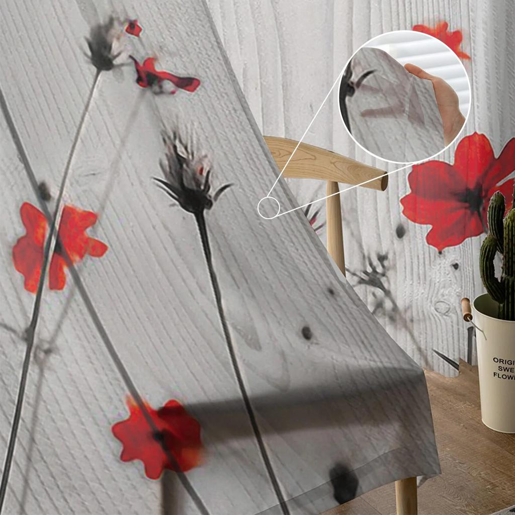 Ungdomssoverom Skjære Gardiner Retro Trefiber Røde Valmuer Kjøkken Arbeidsrom Gardiner Stue Høytidsdekor Tyllgardiner