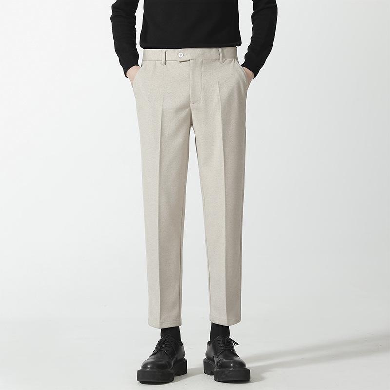 Men’s Casual Woolen Nine-Point Trousers - Autumn Business Loose Fit, Solid Color, Trendy Design.