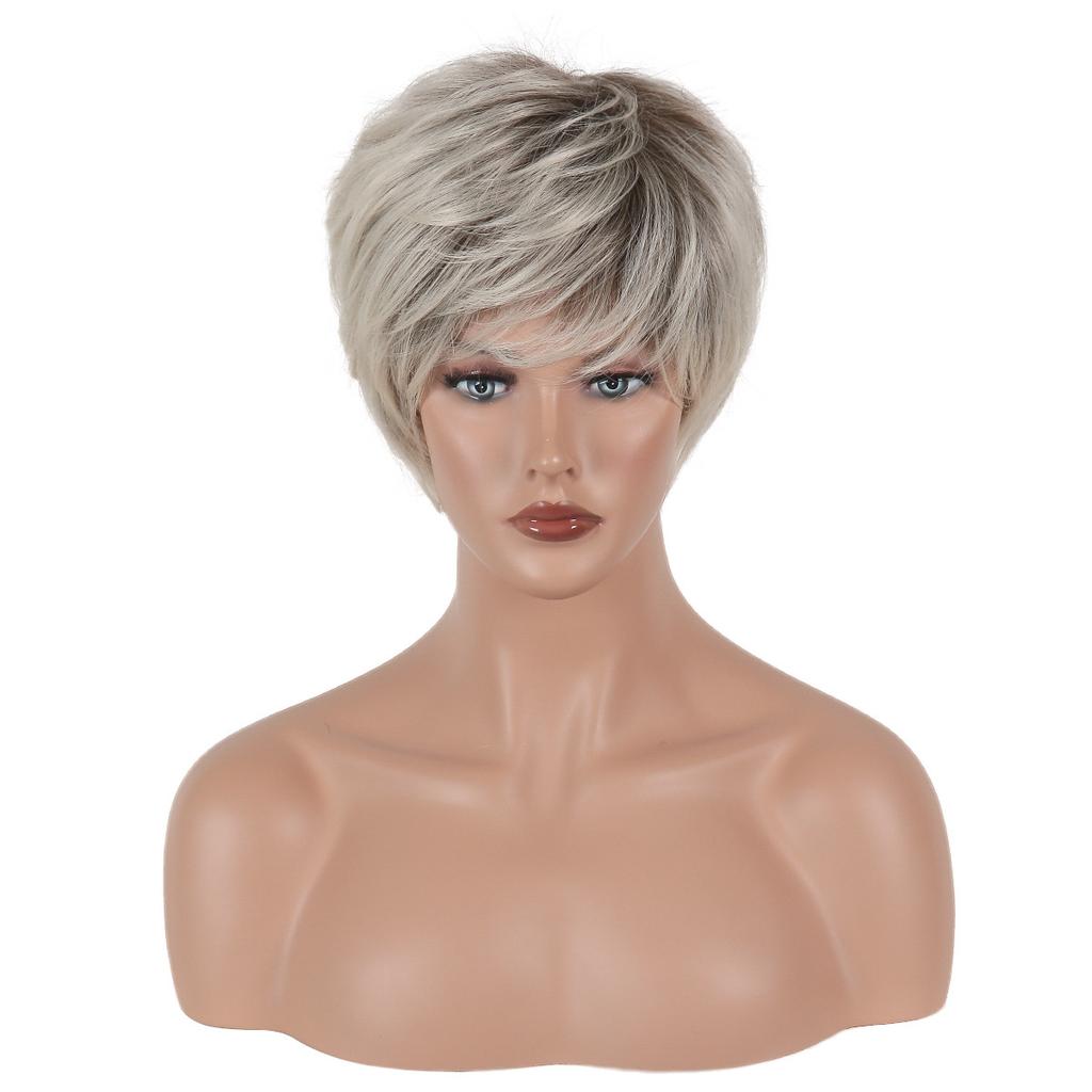 Modische kurze synthetische Perücken für Damen mit Pony, blondes Ombre-Haar, Kostüm-Party-Perücken, flauschige natürliche gerade Perücke, hitzebeständige Faser