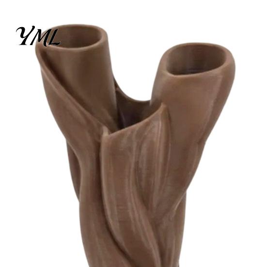 Minimalist Home Decoration 3D Printed Flower Vase, Matte Wood Grain Double Tube Ornament, Mid Artistic Sculpture Ornament Century Style Floral