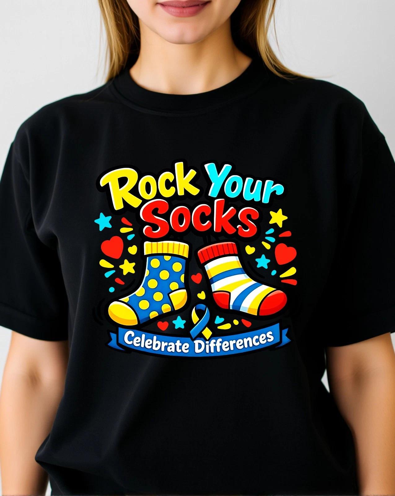 Rock Your Socks T-shirt Celebrate Differences Down Syndrome Support Top Gift Tee M