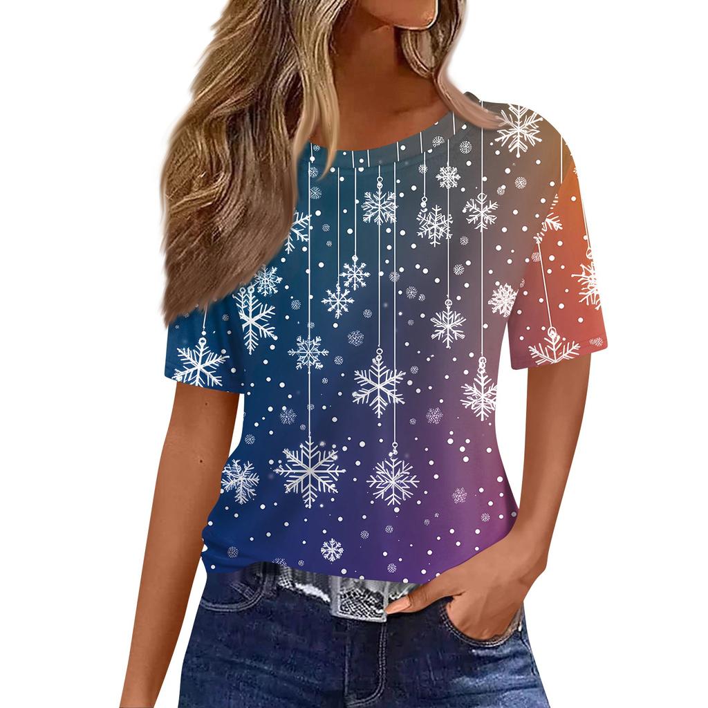 Women's Fashionable Casual Short Sleeve Christmas Print Round Neck Pullover Top