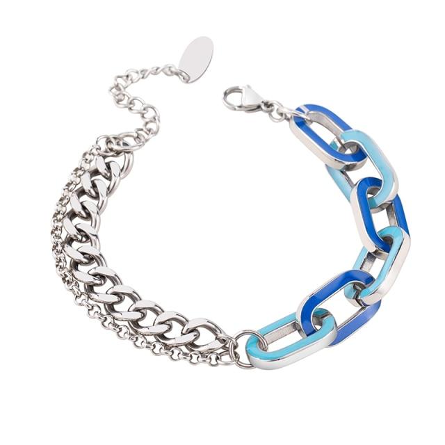 High Quality Punk Personality Trend Bangles Neutral Stainless Steel Splicing Bule Enamel Craft Chain Bracelets For Men And Women