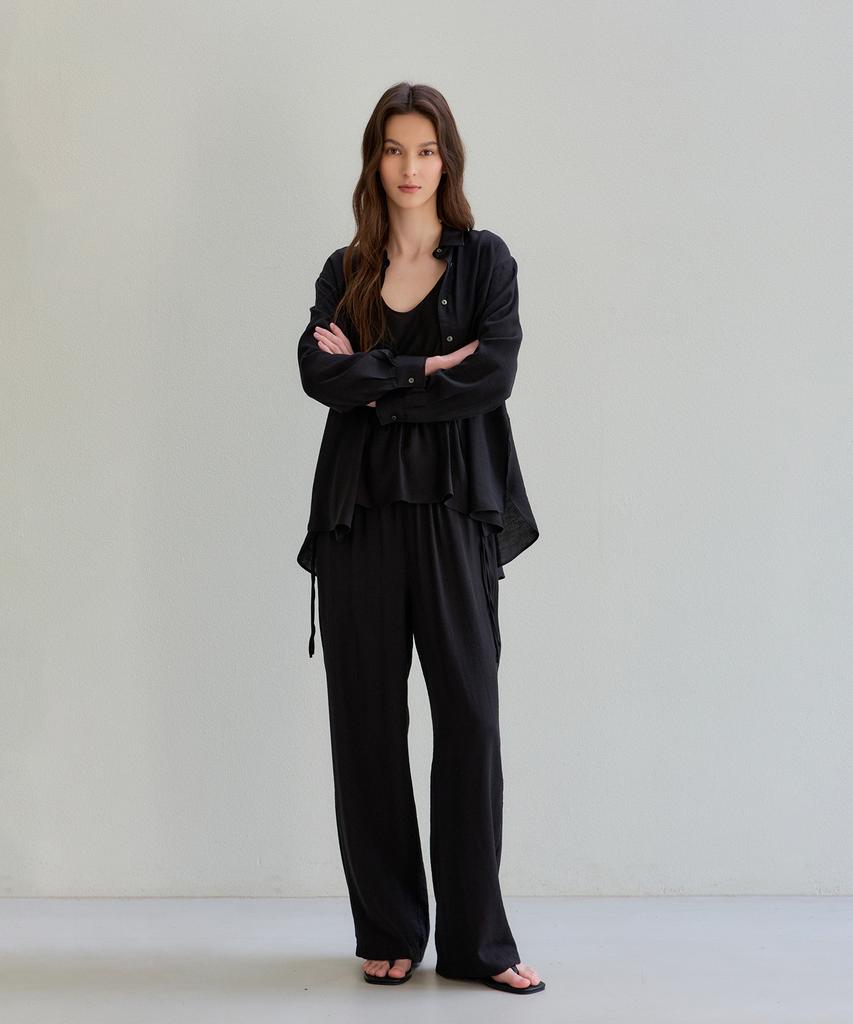 The Ello Airy Linen Blend Elastic Waist Pants (Black)