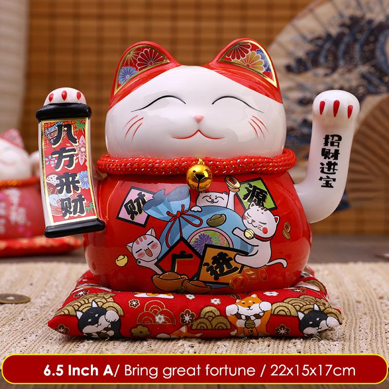 6.5/8.5 Inch Ceramic Beckoning Cat Maneki Neko Ornament Swing Lucky Fortune Cat Feng Shui Decoration Centerpiece Business Gift