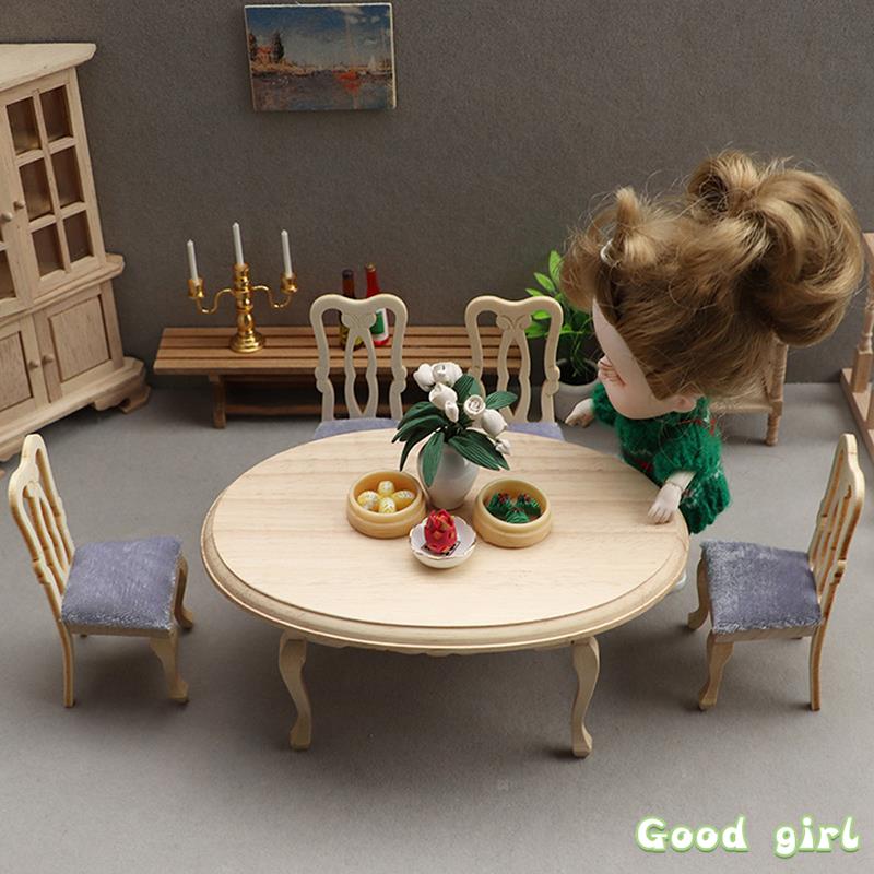 1:12 Dollhouse Miniature Wooden Dining Table Chair Set Simulation Furniture Model Toy For Dollhouse Restaurant Decor 7 Styles
