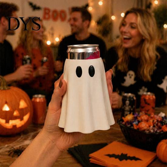 Spooky Jar Cooler Halloween Ghost Can Holder, Figurine Drink Reusable Flexible Holder Sleeve, for Party Slim Standard And Tall Cans Insulated Sleeve