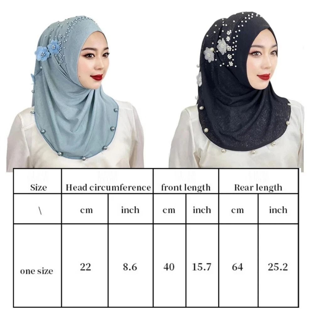 Ramadan Hijab Breathable Islamic Headscarf Beaded Flower Turban Headband Shawl Solid Color Head Wraps Hat