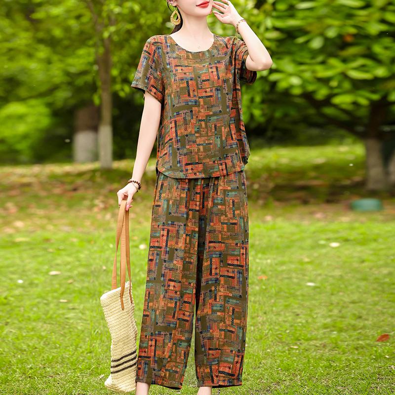 Women's Summer Printed 2-Piece Outfit, Plus Size Casual Short Sleeve Top & Pants Set (XL-5XL)