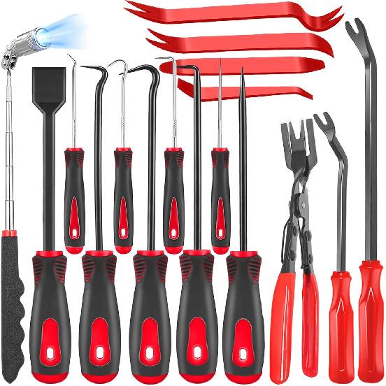 17 Pcs Pick and Hook Set with Trim Removal Tool, Clip Pliers, Fastener Remover,Scraper,and Magnetic Telescoping Tool Kit for Repair