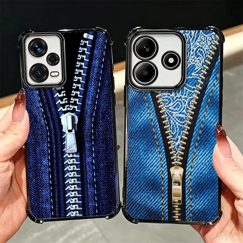 Retro Zipper Jeans Pattern Soft Phone Case For Xiaomi Redmi Note 14 15 Pro Plus 13 12 11S 11T 5G 10 9S 9 Plating Anti-Fall Funda