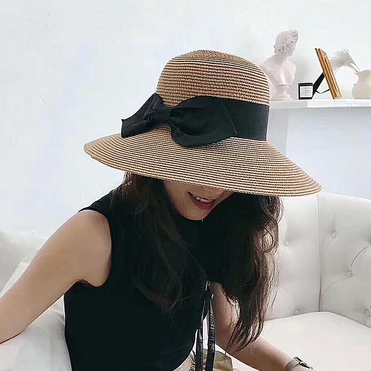 Korean Style Women's Wide Brim Straw Hat - Summer Seaside Bow Sun Protection